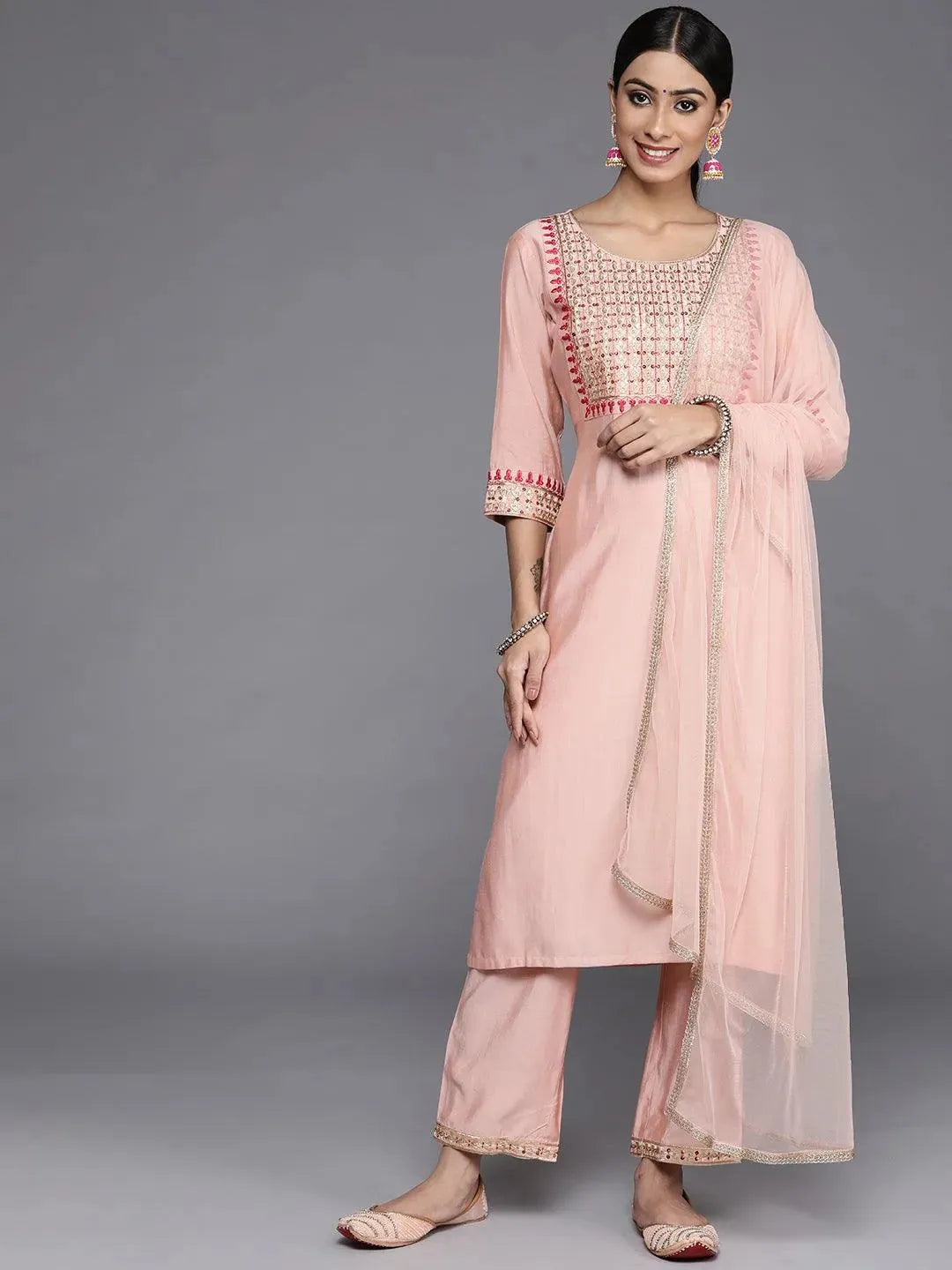 Peach Yoke Design Silk Blend Straight Suit Set With Trousers - Libas 