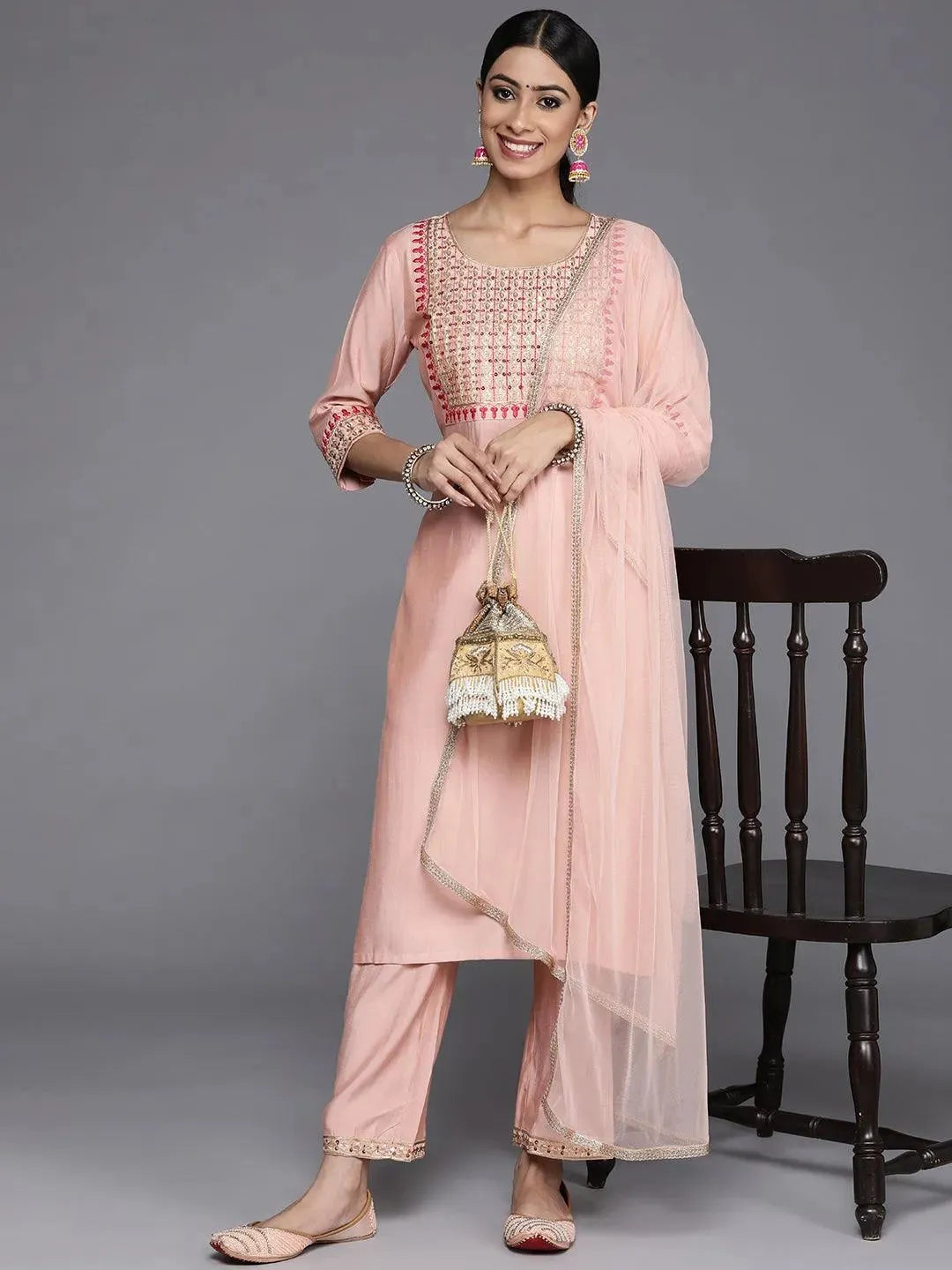 Peach Yoke Design Silk Blend Straight Suit Set With Trousers - Libas 