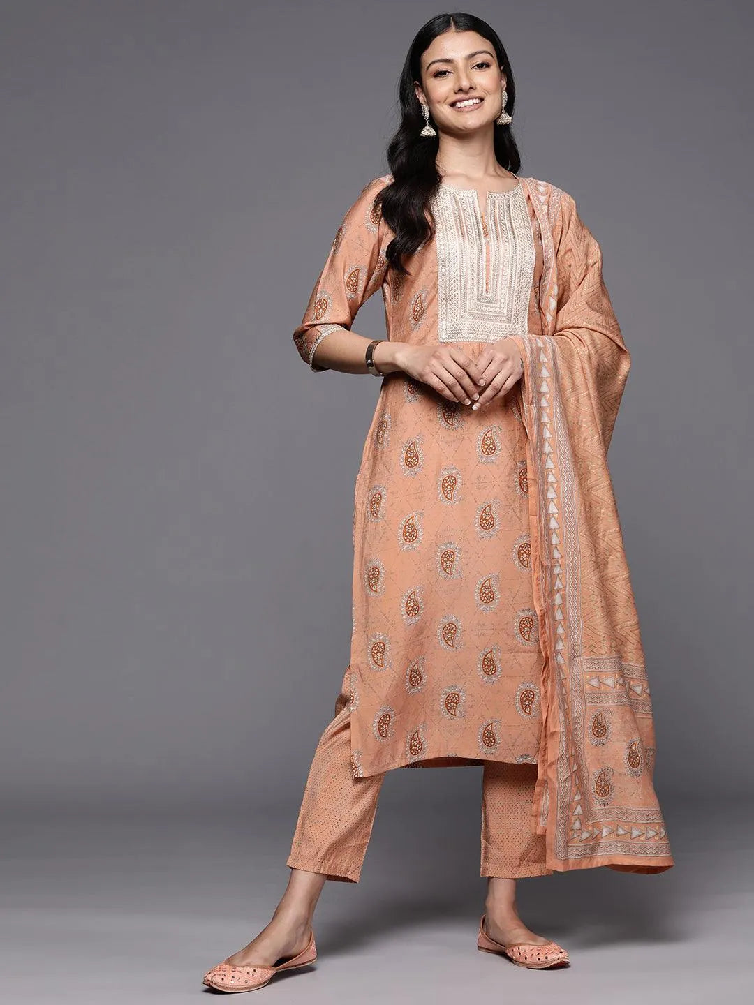 Peach Yoke Design Silk Blend Straight Suit Set With Trousers - Libas