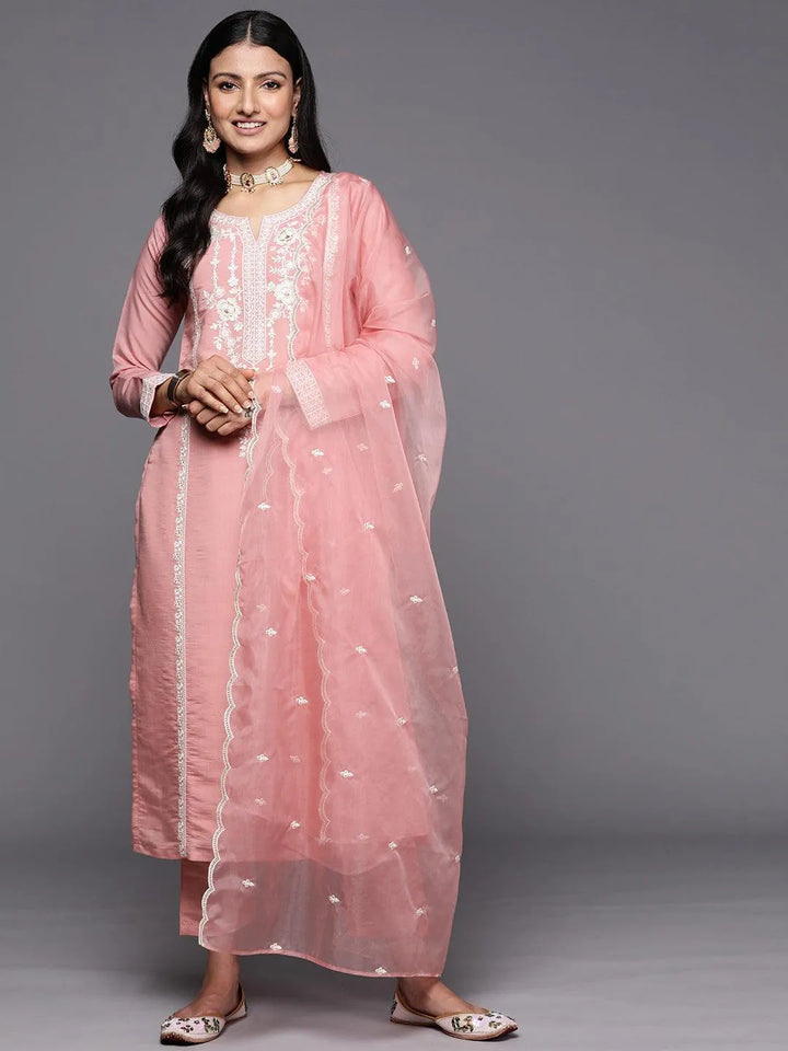 Peach Yoke Design Silk Blend Straight Suit Set With Trousers - Libas