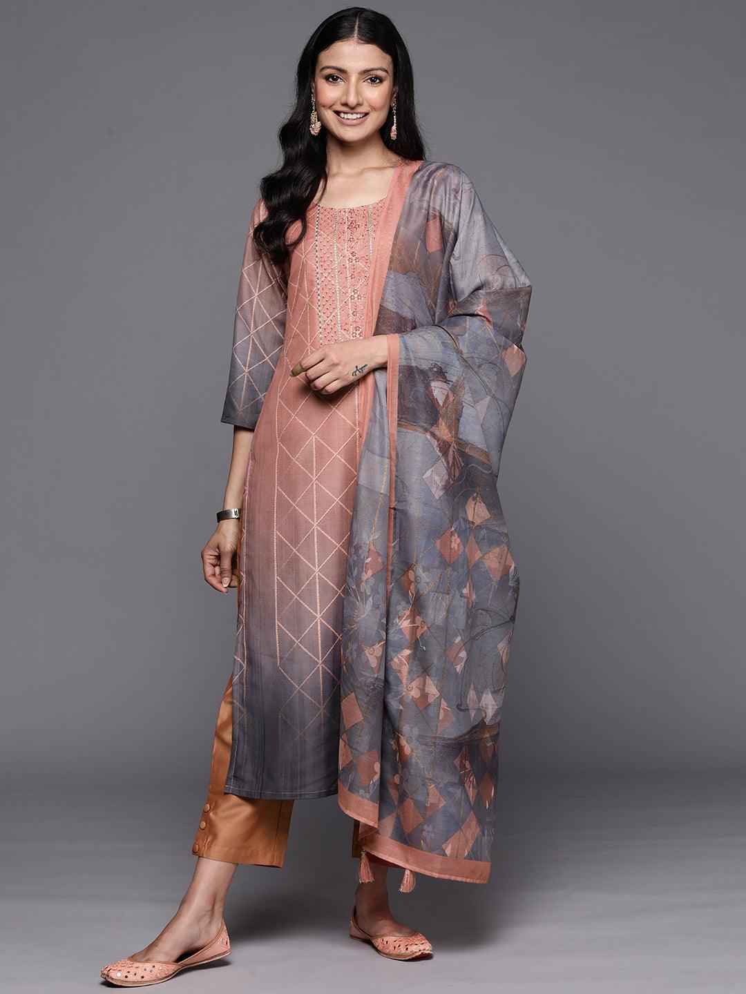 Buy Peach Yoke Design Silk Blend Straight Kurta With Trousers & Dupatta ...
