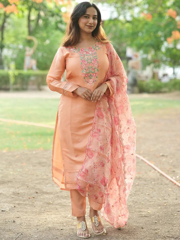 Peach Yoke Design Silk Blend Straight Kurta With Trousers & Dupatta - Libas