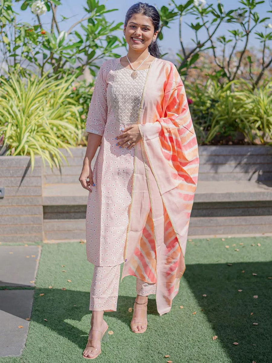 Peach Yoke Design Cotton A-Line Suit Set With Trousers