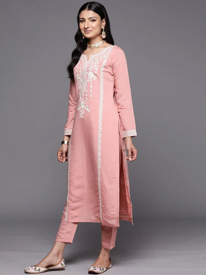 Peach Yoke Design Silk Blend Straight Suit Set With Trousers - Libas