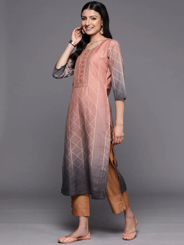 Peach Yoke Design Silk Blend Straight Suit Set With Trousers - Libas