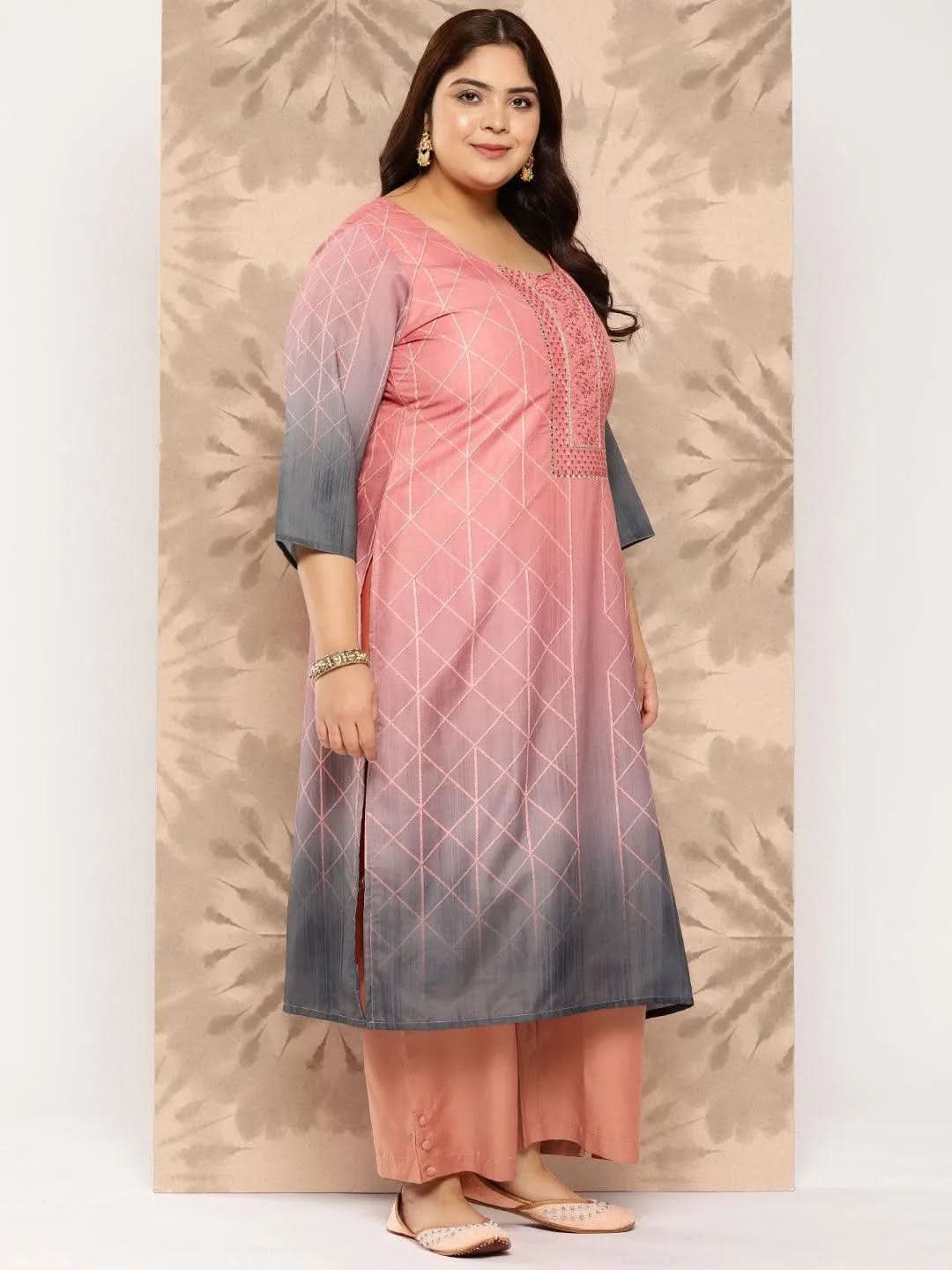 Peach Yoke Design Silk Blend Straight Kurta With Trousers and Dupatta - Libas 