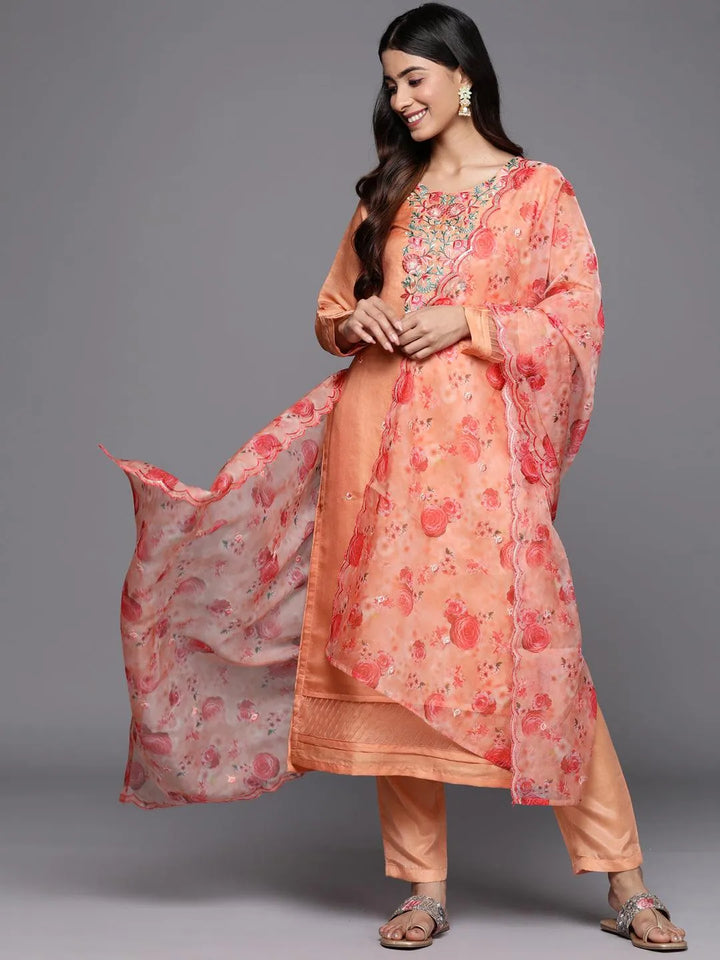 Peach Yoke Design Silk Blend Straight Suit Set With Trousers - Libas