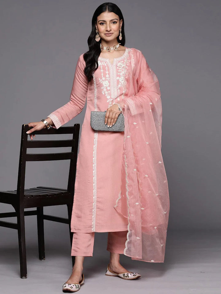 Peach Yoke Design Silk Blend Straight Suit Set With Trousers - Libas