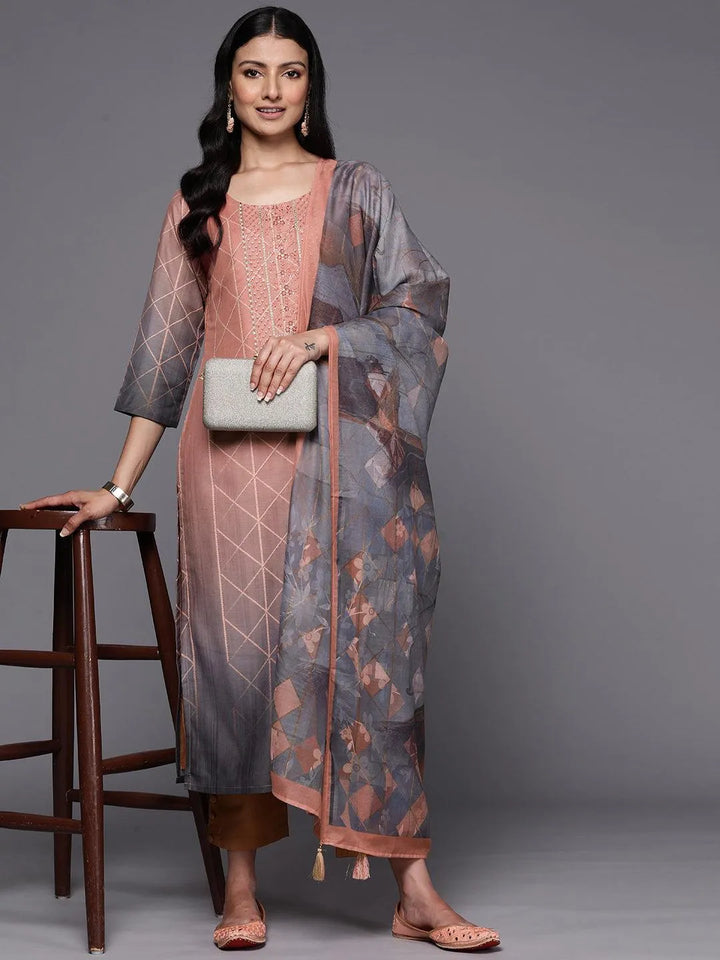 Peach Yoke Design Silk Blend Straight Suit Set With Trousers - Libas