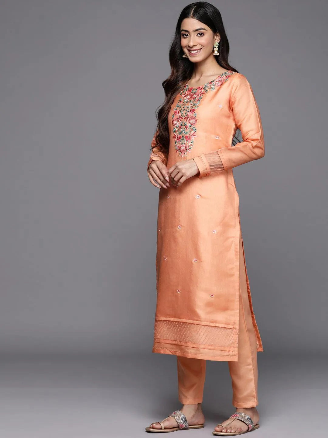 Peach Yoke Design Silk Blend Straight Suit Set With Trousers - Libas 