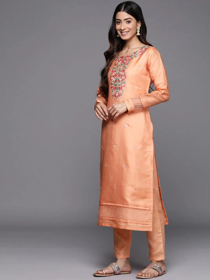 Peach Yoke Design Silk Blend Straight Suit Set With Trousers - Libas