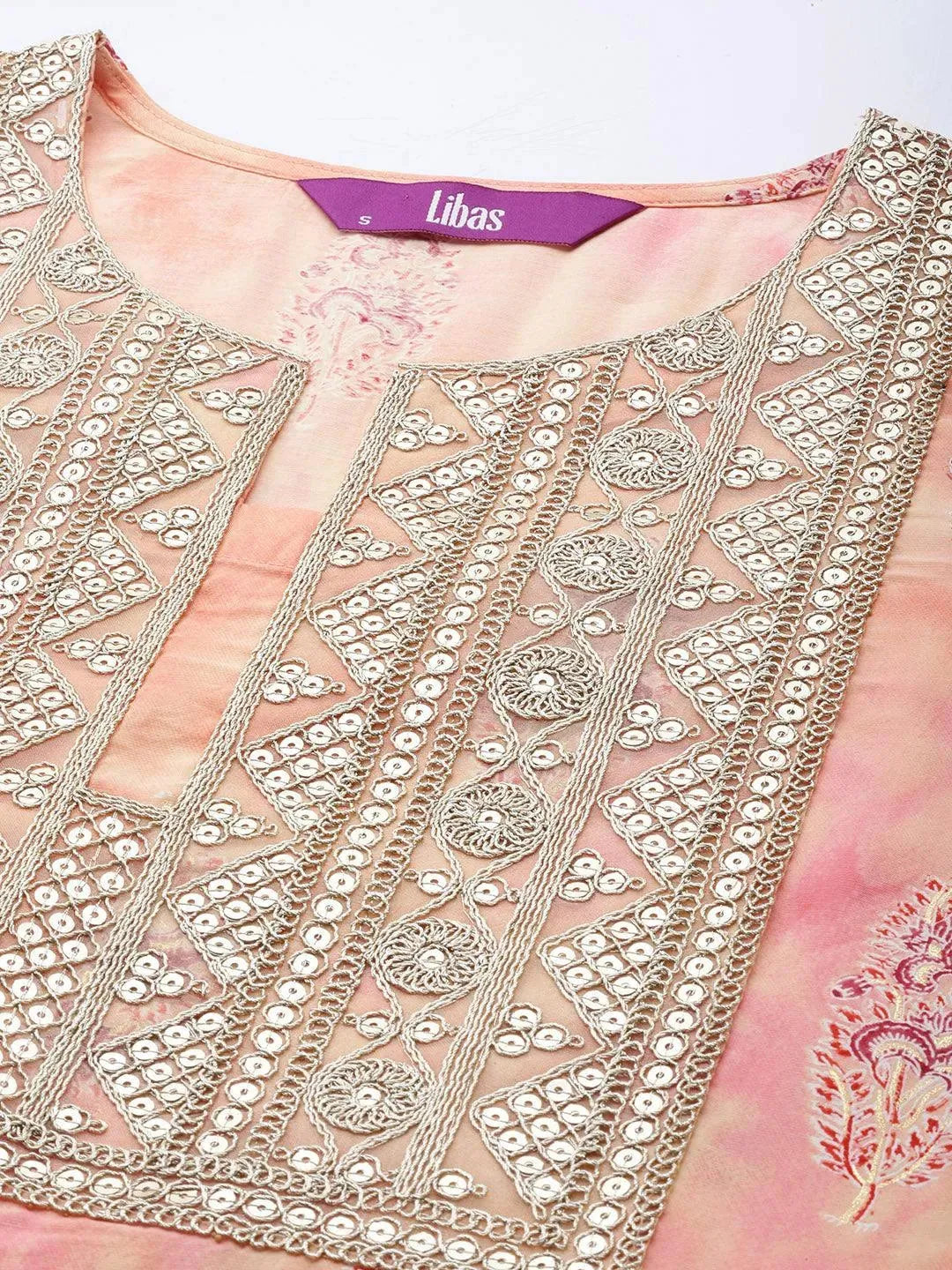 Peach Yoke Design Silk Blend Straight Suit Set With Trousers - Libas 