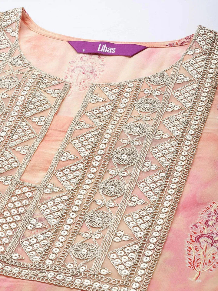 Peach Yoke Design Silk Blend Straight Suit Set With Trousers - Libas