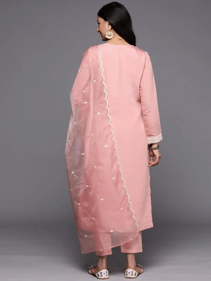 Peach Yoke Design Silk Blend Straight Suit Set With Trousers - Libas