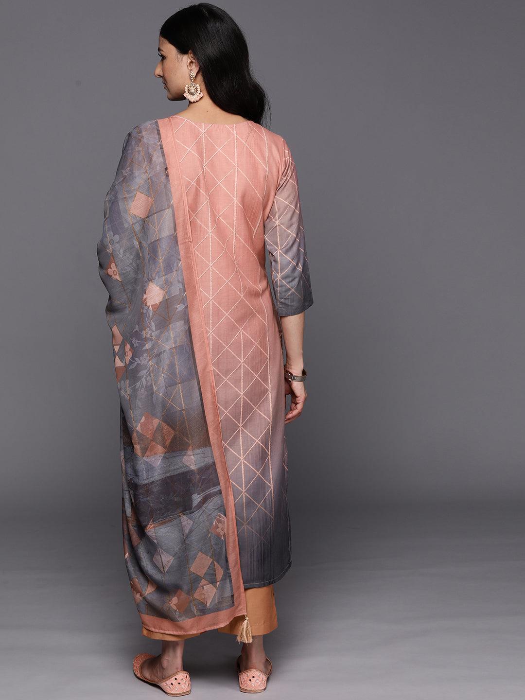 Peach Yoke Design Silk Blend Straight Kurta With Trousers & Dupatta
