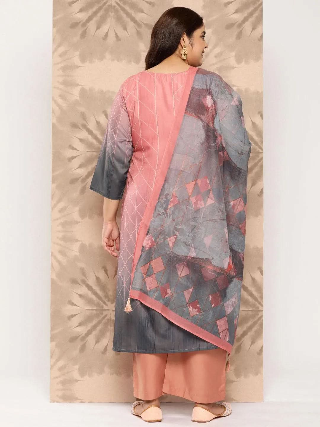 Peach Yoke Design Silk Blend Straight Kurta With Trousers and Dupatta - Libas 
