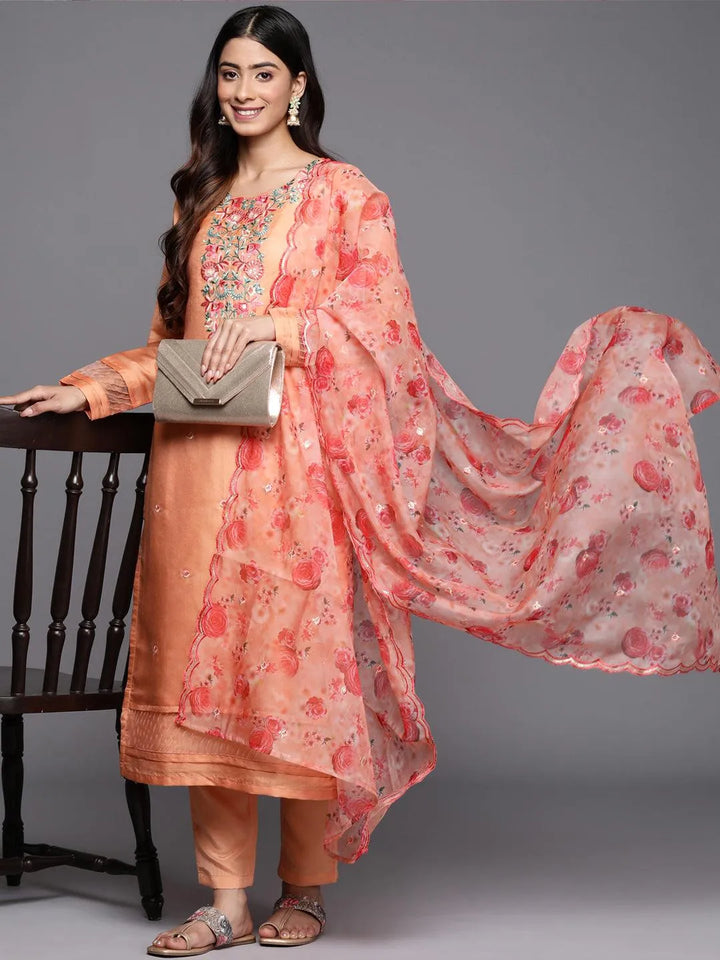 Peach Yoke Design Silk Blend Straight Suit Set With Trousers - Libas