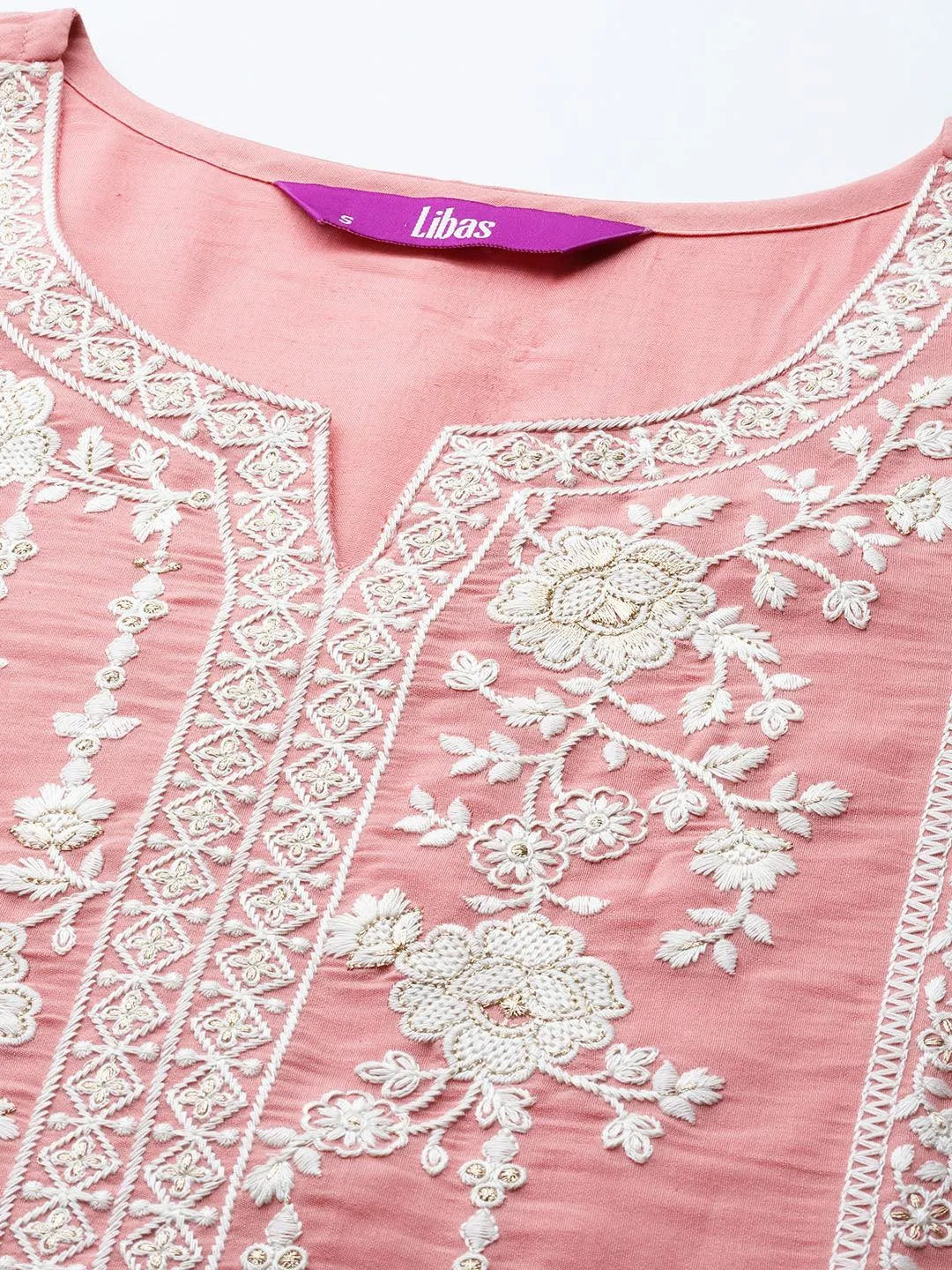 Peach Yoke Design Silk Blend Straight Suit Set With Trousers - Libas 