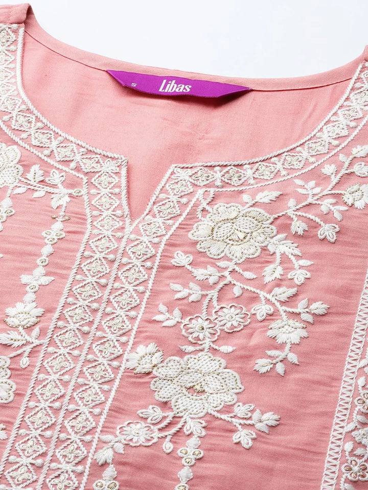 Peach Yoke Design Silk Blend Straight Suit Set With Trousers - Libas