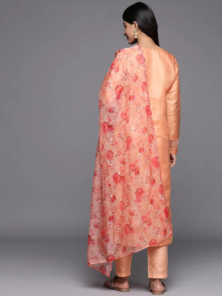 Peach Yoke Design Silk Blend Straight Suit Set With Trousers - Libas