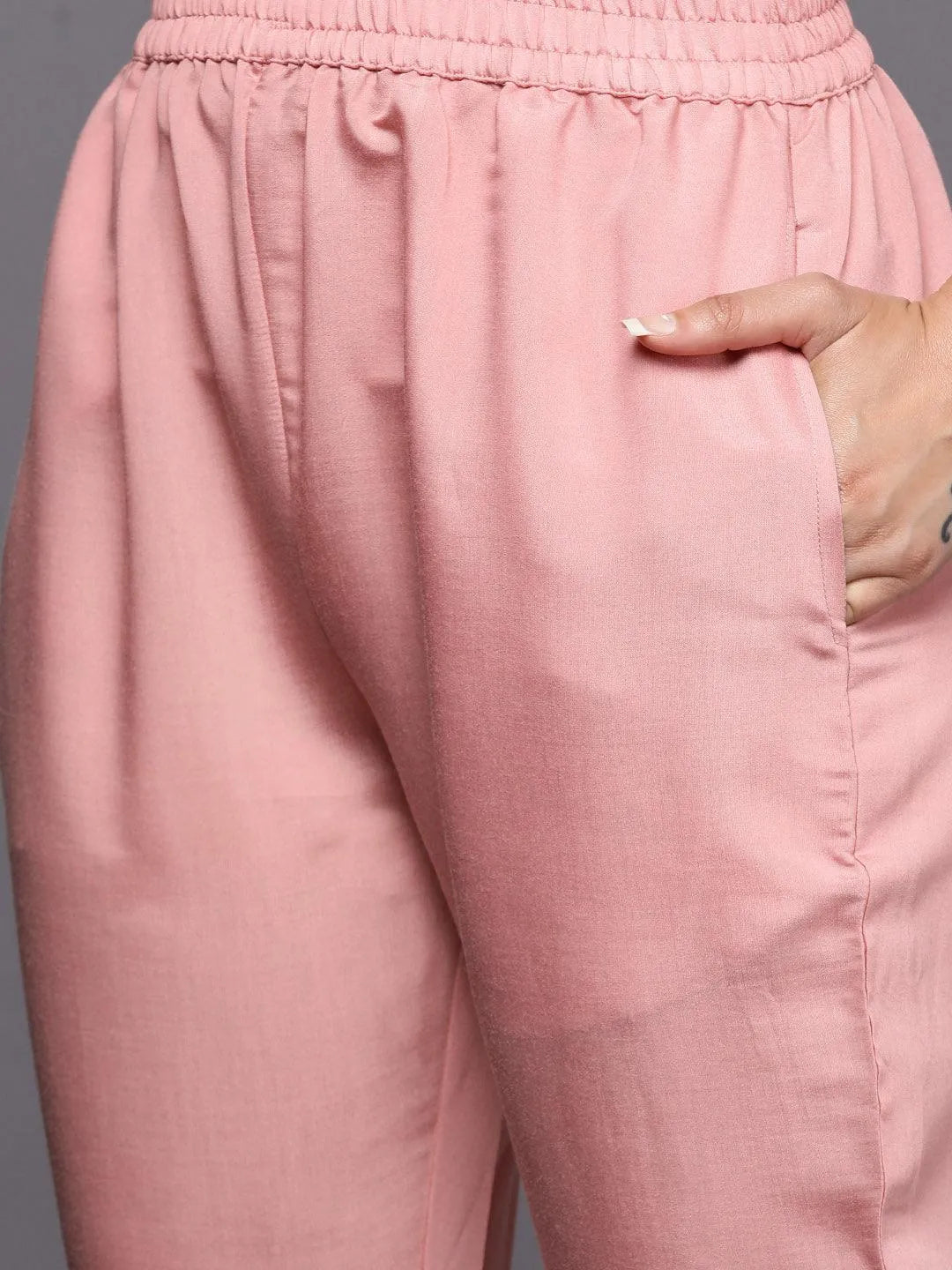 Peach Yoke Design Silk Blend Straight Suit Set With Trousers - Libas 