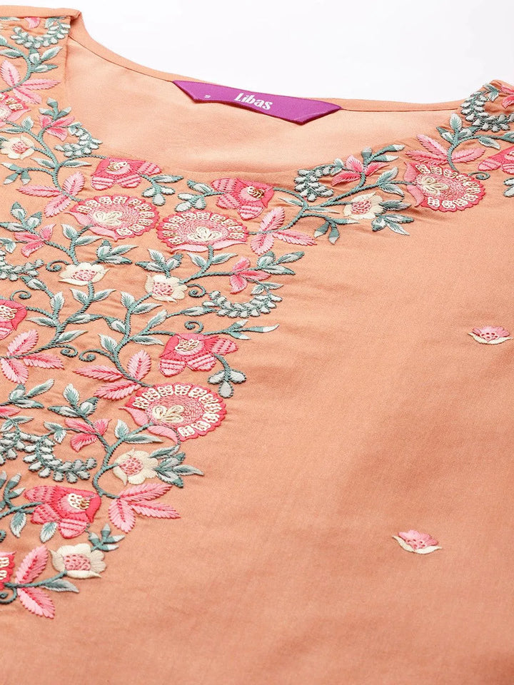 Peach Yoke Design Silk Blend Straight Suit Set With Trousers - Libas