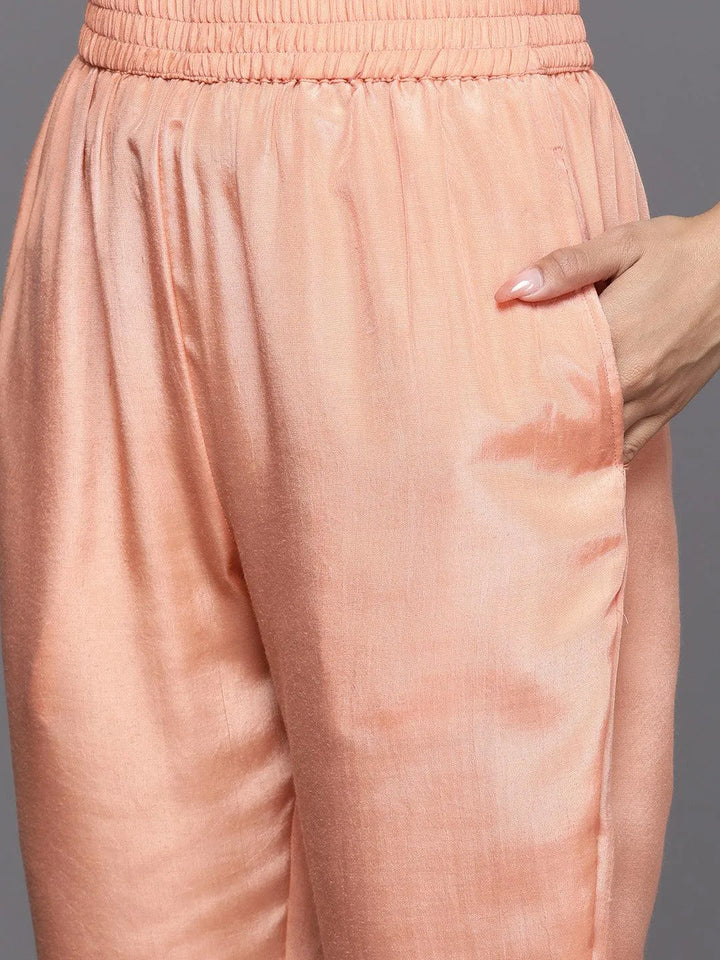 Peach Yoke Design Silk Blend Straight Suit Set With Trousers - Libas