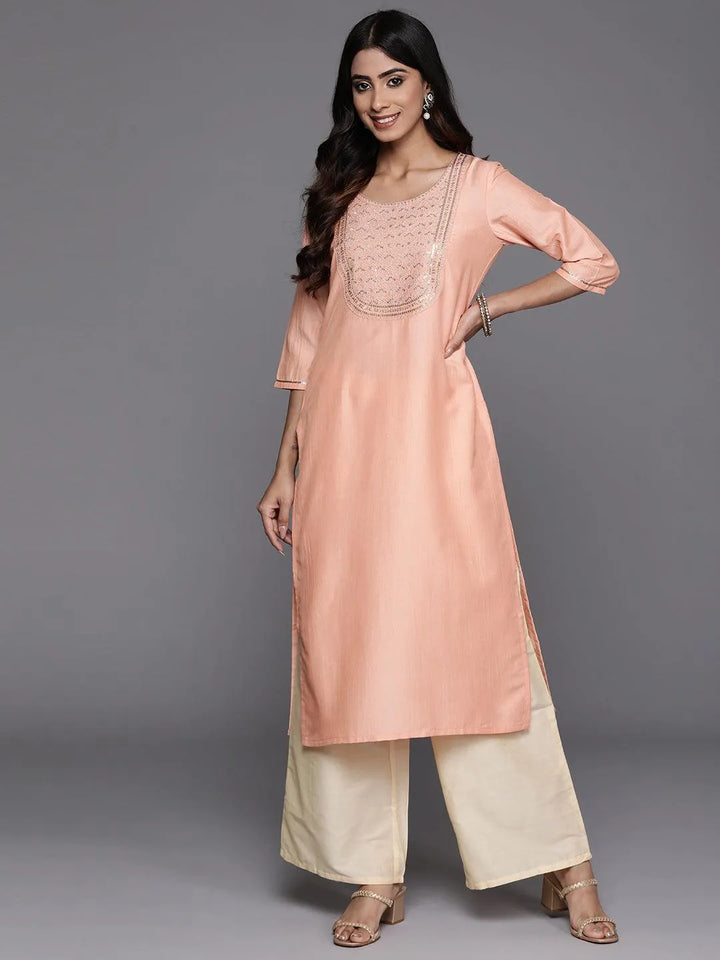 Peach Yoke Design Silk Straight Kurta - Libas