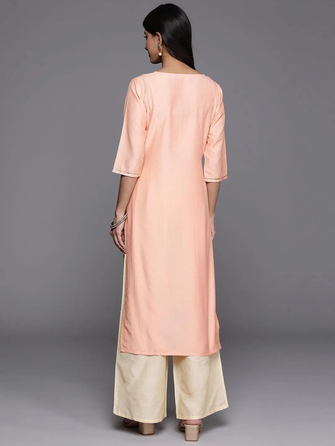 Peach Yoke Design Silk Straight Kurta - Libas 