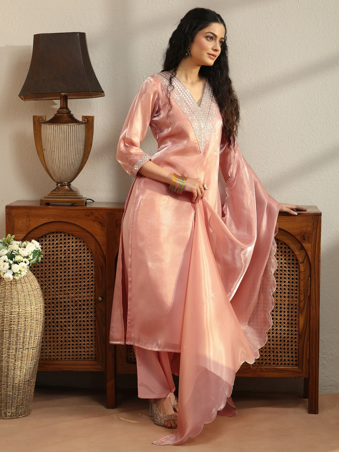  Peach Yoke Design Tissue Straight Suit Set 