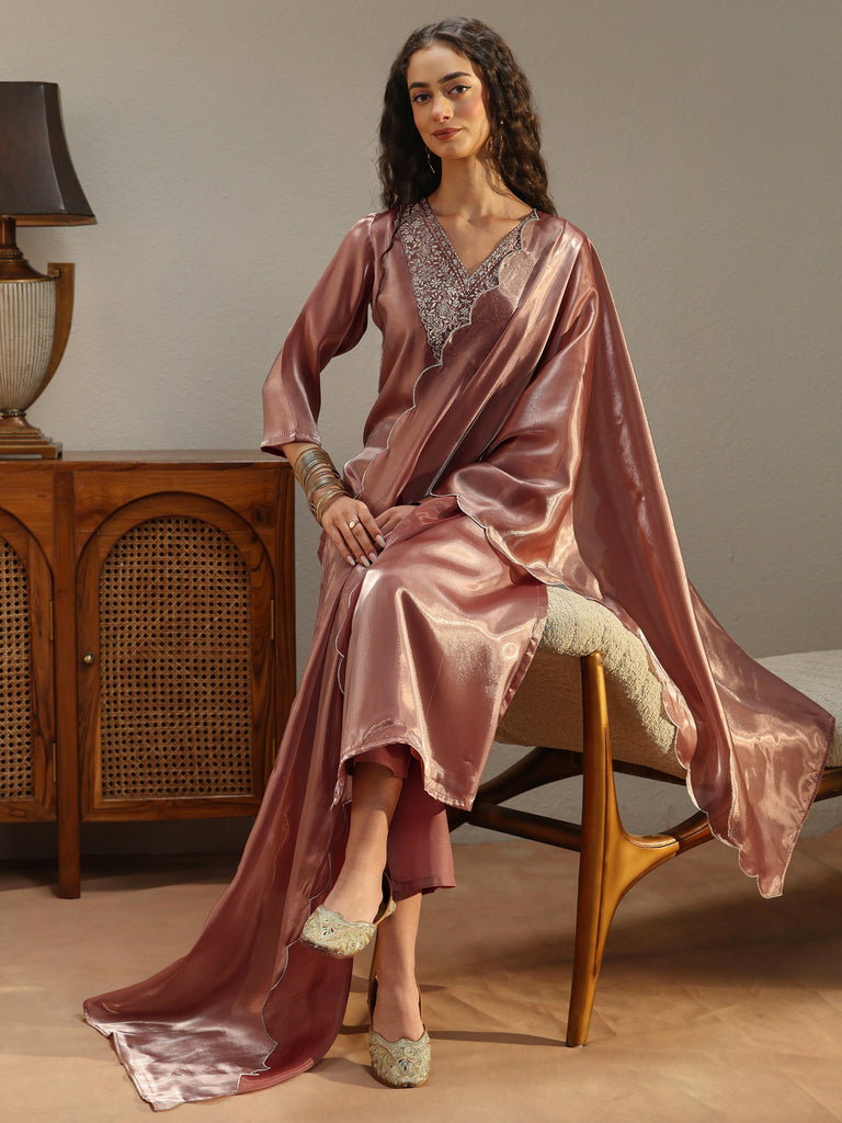 Gerua Peach Yoke Design Tissue Straight Suit Set