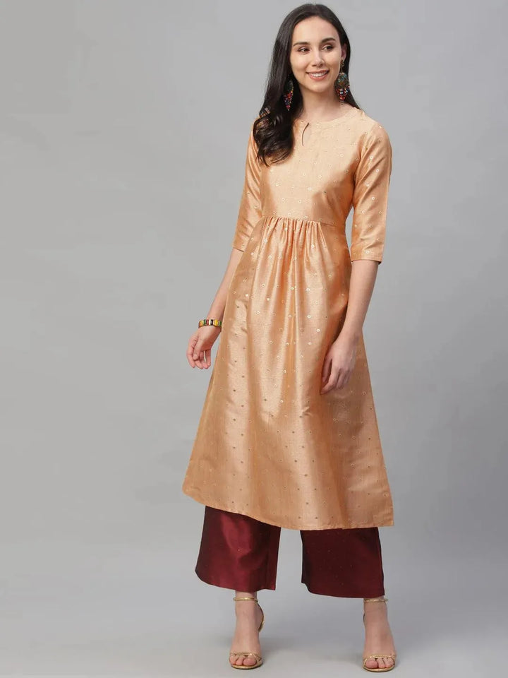 Peach Zari Work Chanderi Kurta Set - Libas