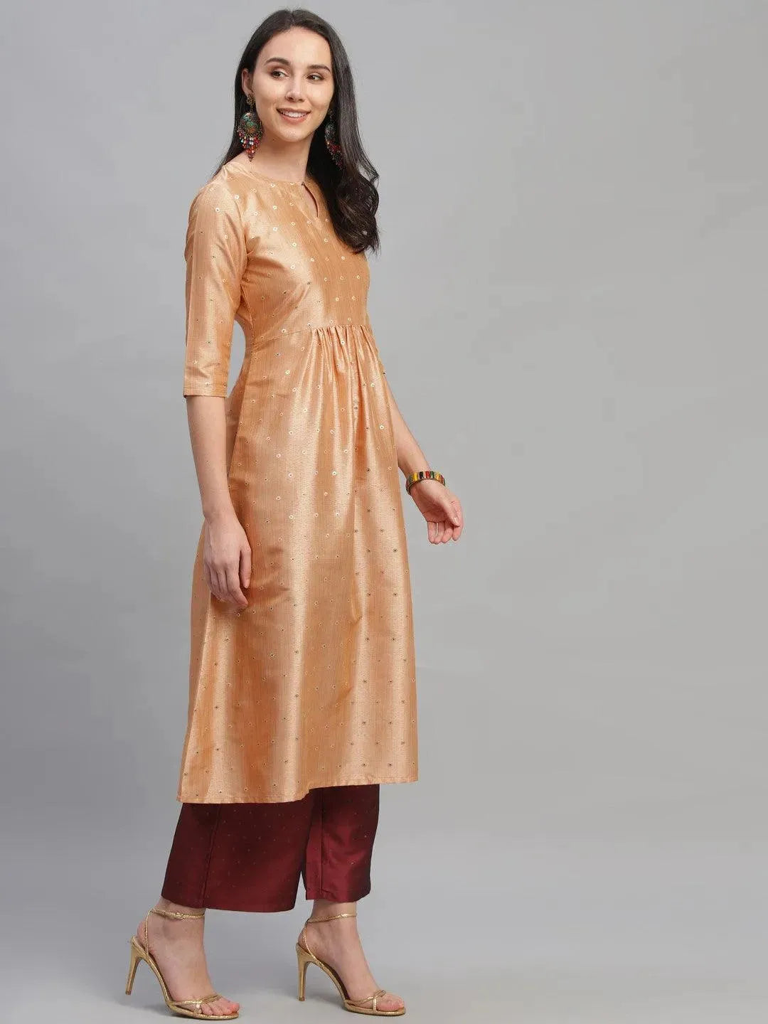 Peach Zari Work Chanderi Kurta Set - Libas