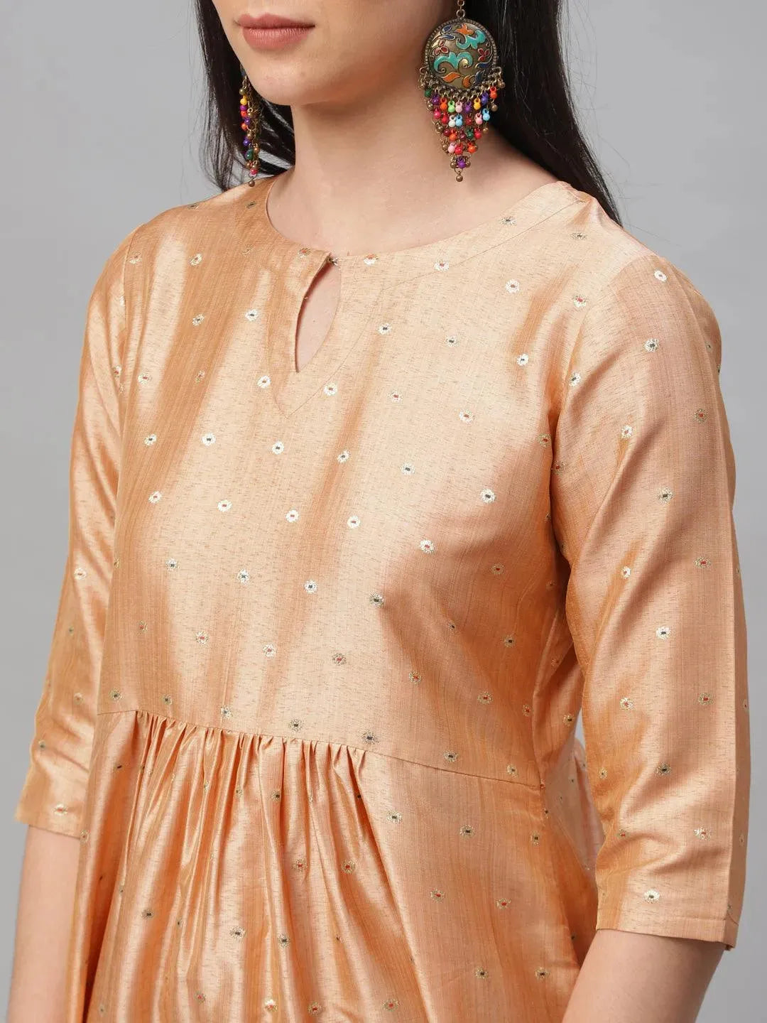 Peach Zari Work Chanderi Kurta Set - Libas