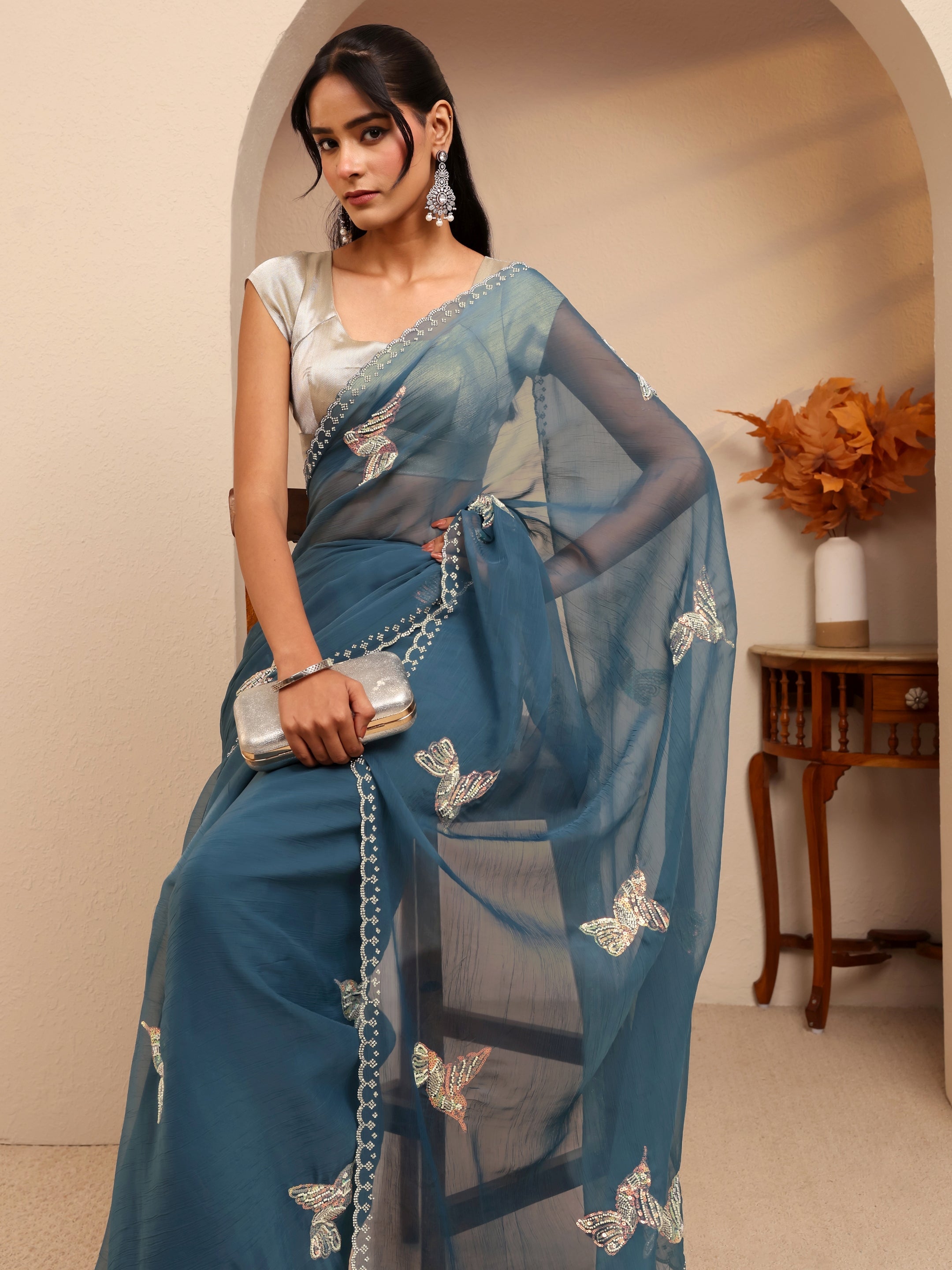 libas Peacock Blue Tissue Saree-picture-26