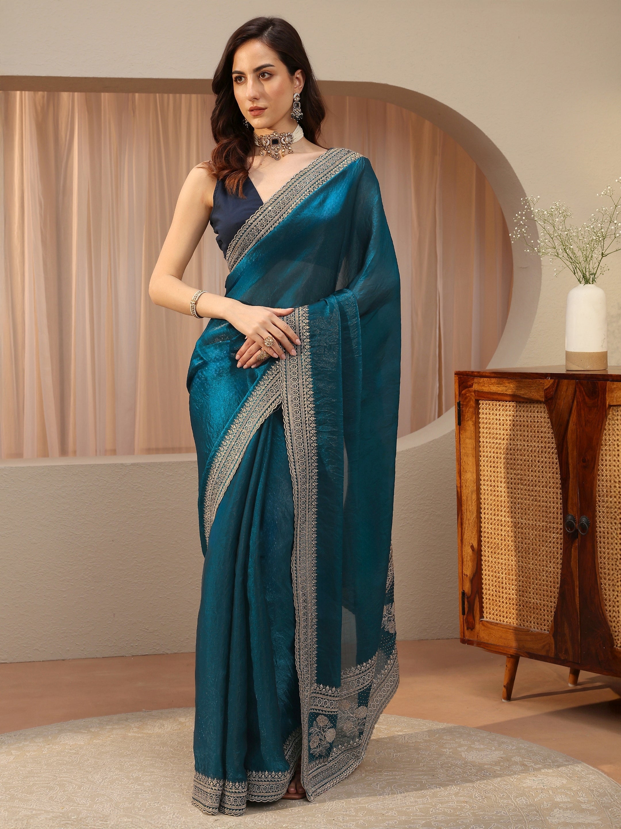 libas Peacock Blue Tissue Saree-picture-68