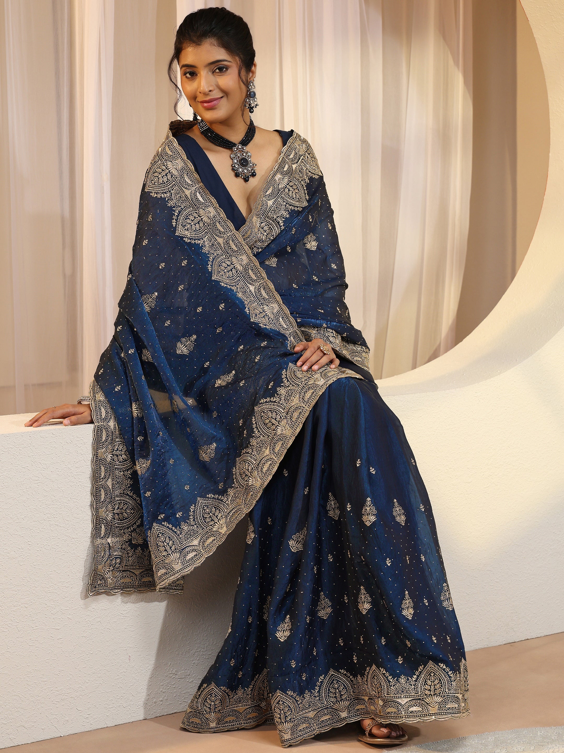 libas Peacock Blue Tissue Saree With Embellished Border-picture-44