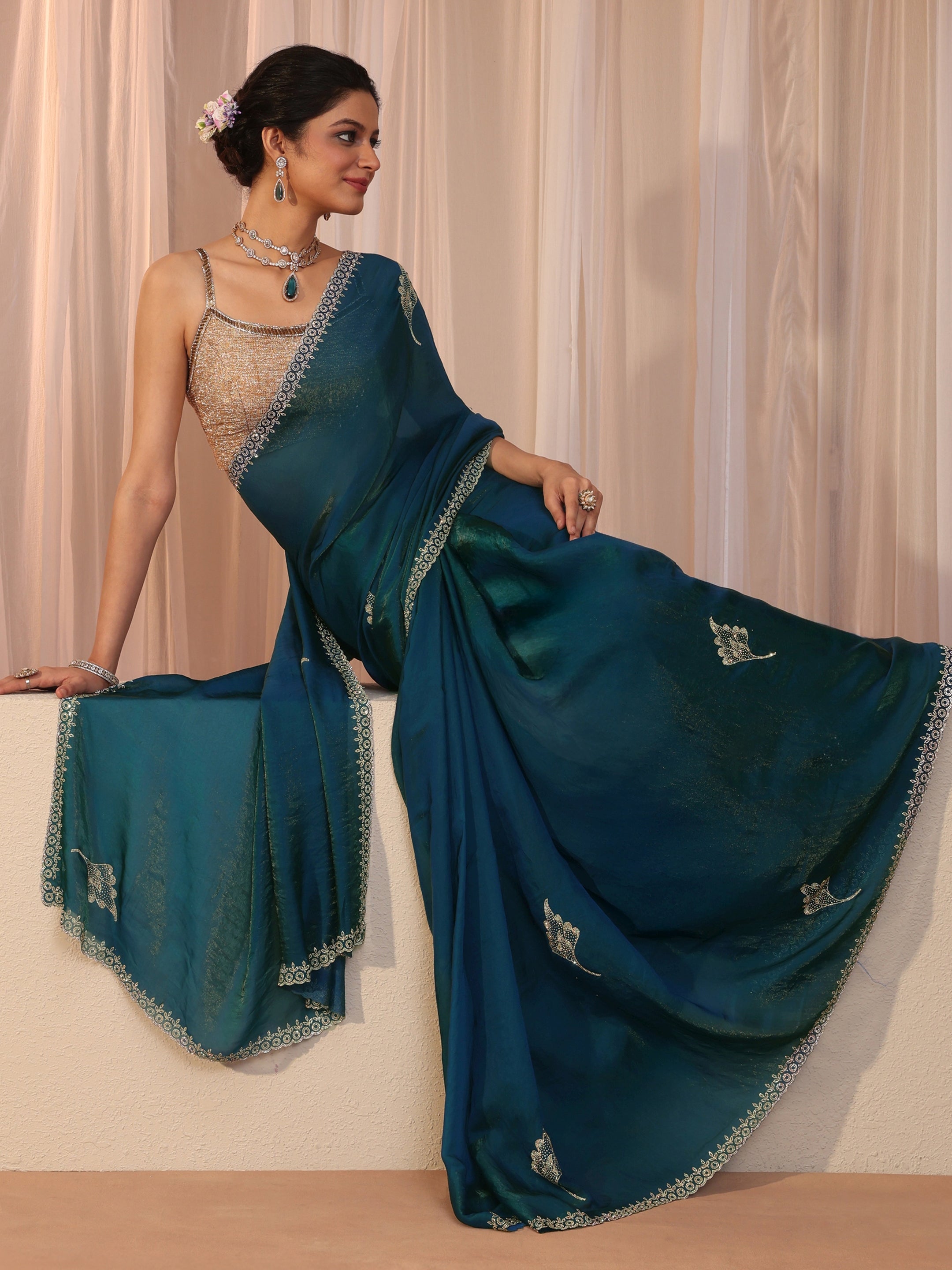 libas Peacock Blue Tissue Saree With Embellished Leaf Motifs-picture-65