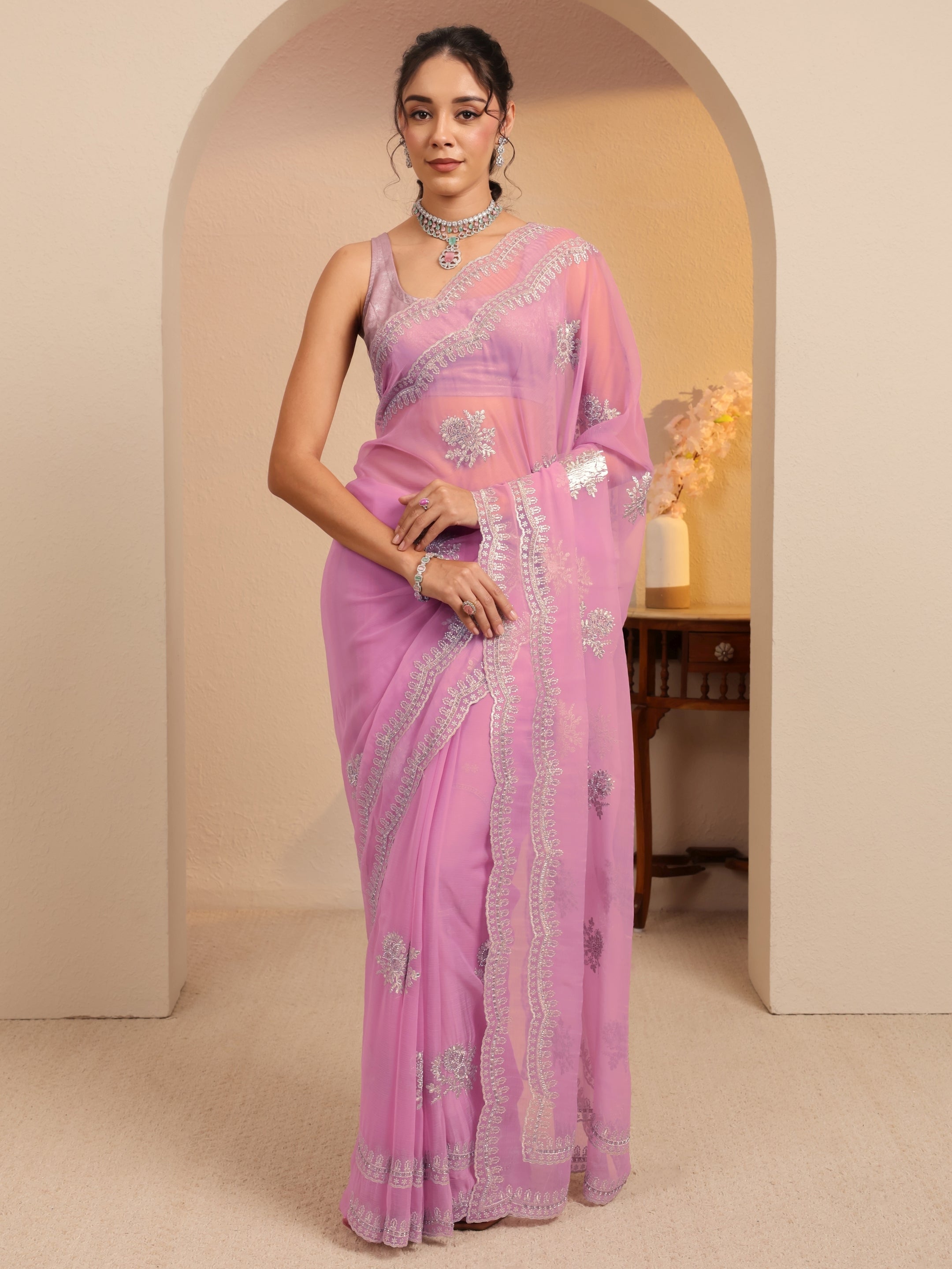 libas Periwinkle Pink Floral Embellished Chiffon Saree-picture-51