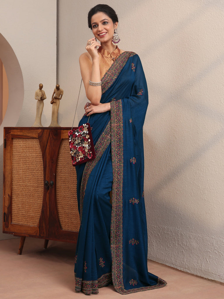 Libas Persian Blue Floral Embroidered Silk Blend Saree