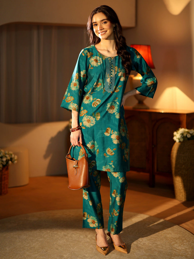 Libas Persian Blue Floral Printed Silk Blend Co-Ord Set