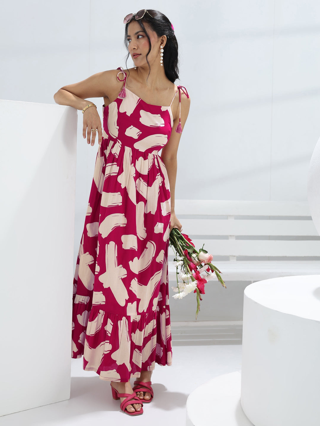  Pink Abstract Printed Cotton A-Line One-Piece Dress 