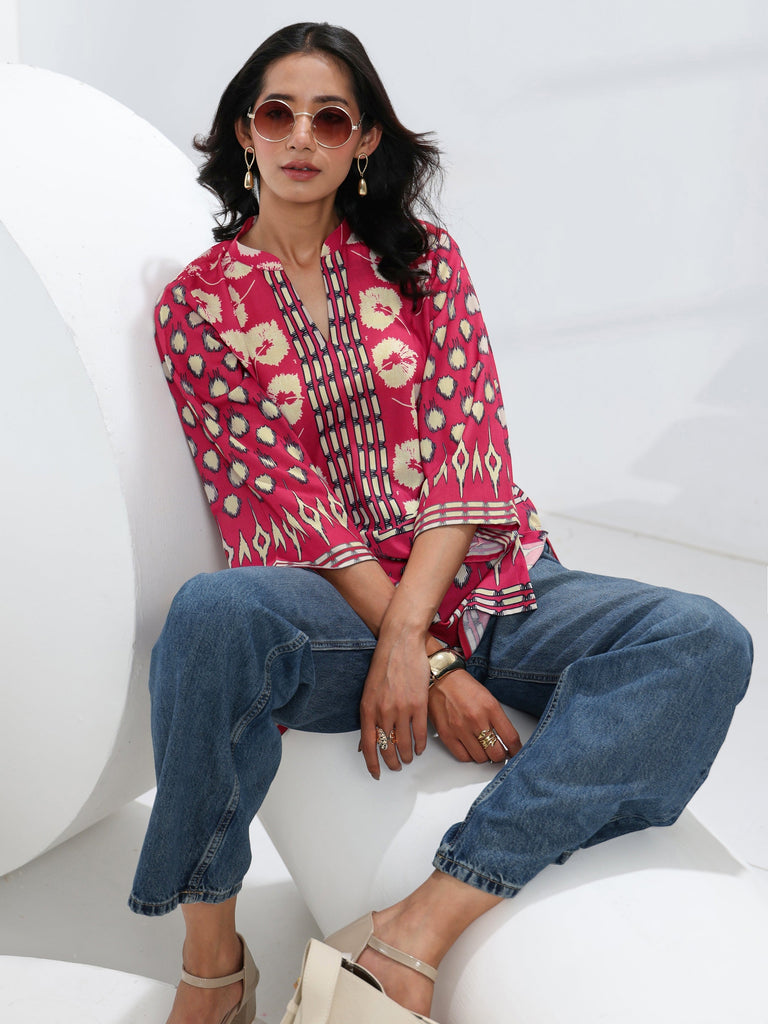 Libas Pink Abstract Printed Cotton Blend Straight Short Kurti