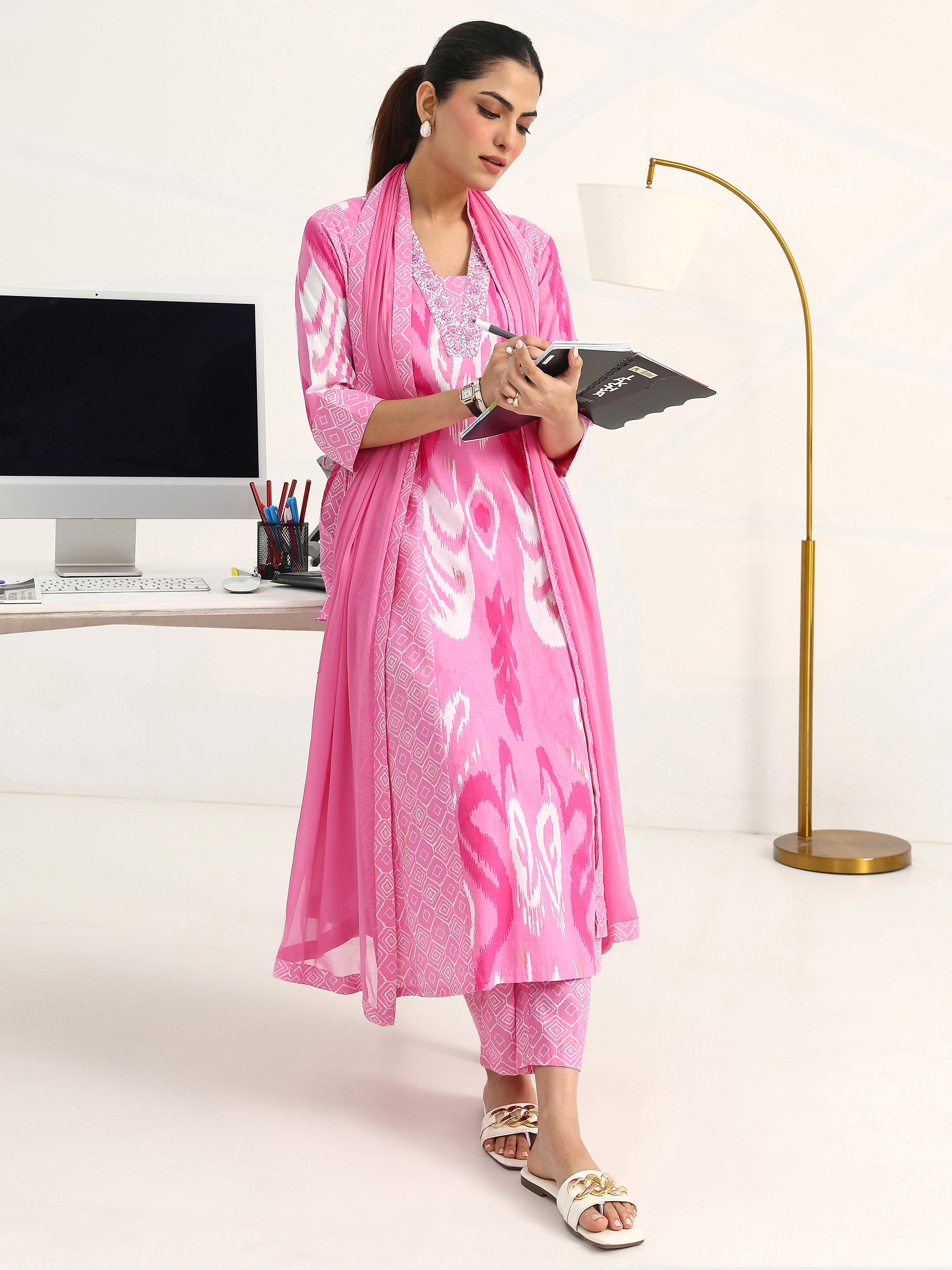 Pink Abstract Printed Cotton Blend Straight Suit Set With Dupatta-image-36