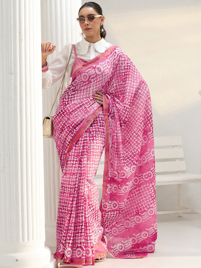 Libas Pink Abstract Dabu Print Cotton Saree