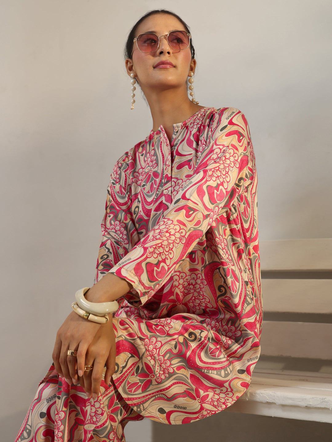  Pink Abstract Printed Muslin Co-Ord Set 