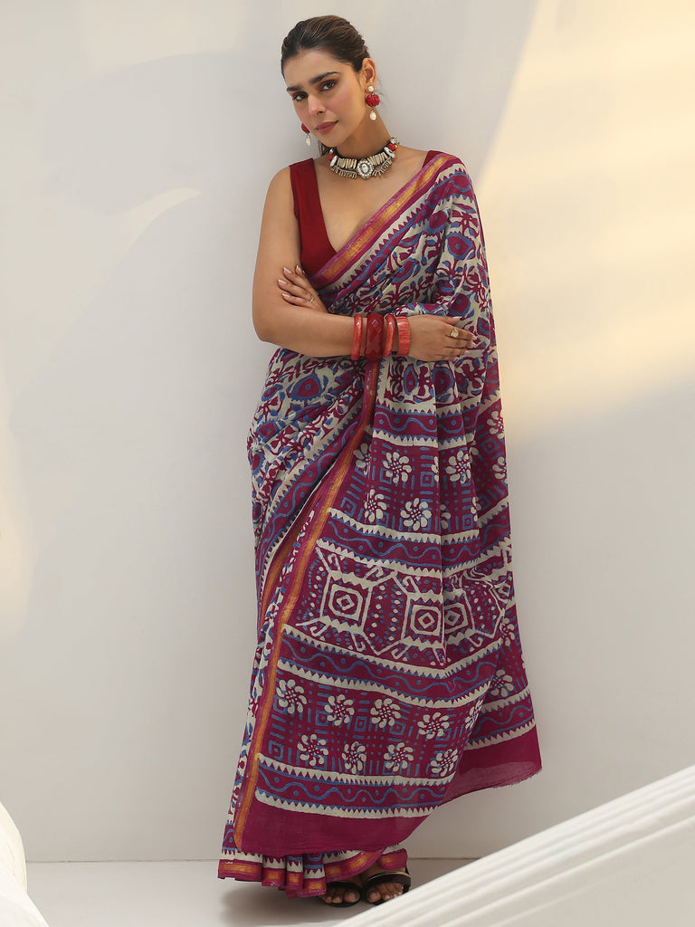 Libas Pink Bagru Print Cotton Saree