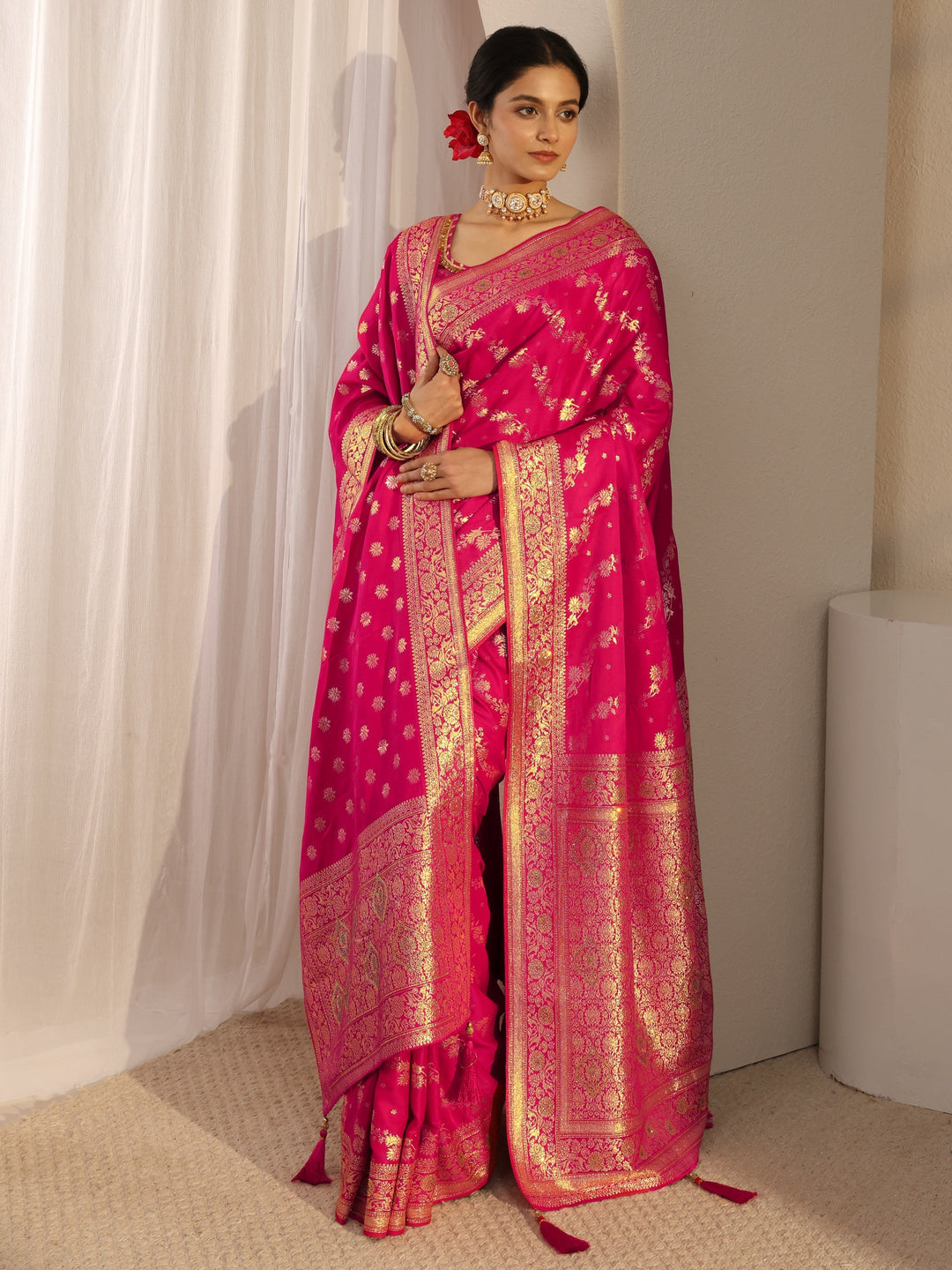  Libas Pink Banarasi Satin Saree With Unstiched Blouse Piece And Dupatta 