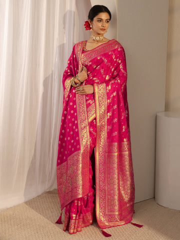 Libas Pink Banarasi Satin Saree With Unstiched Blouse Piece And Dupatta
