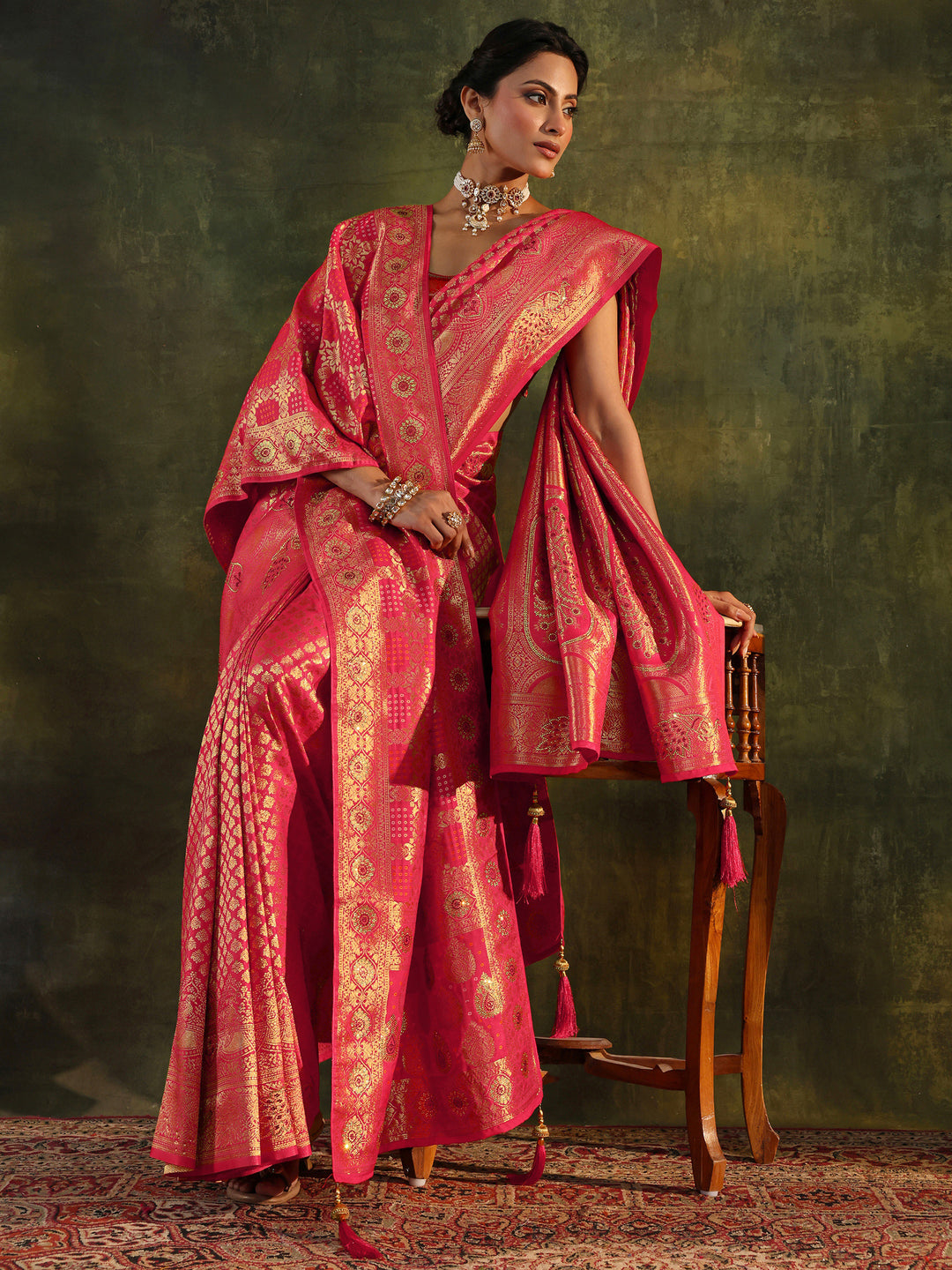 Pink Banarasi Silk Saree With Unstitched Blouse And Dupatta